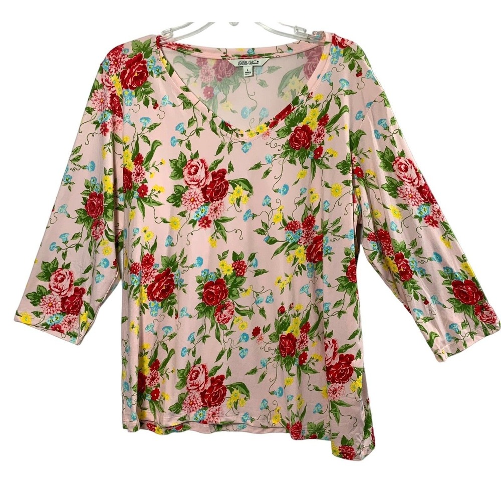Pioneer Woman‎ T-Shirt Size Large Pink Floral Cottagecore Top 3/4 Sleeve Casual